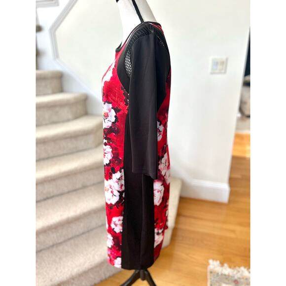 Eloquii Red Floral & Black Color Block Netting Sheath Dress - Picture 3 of 8